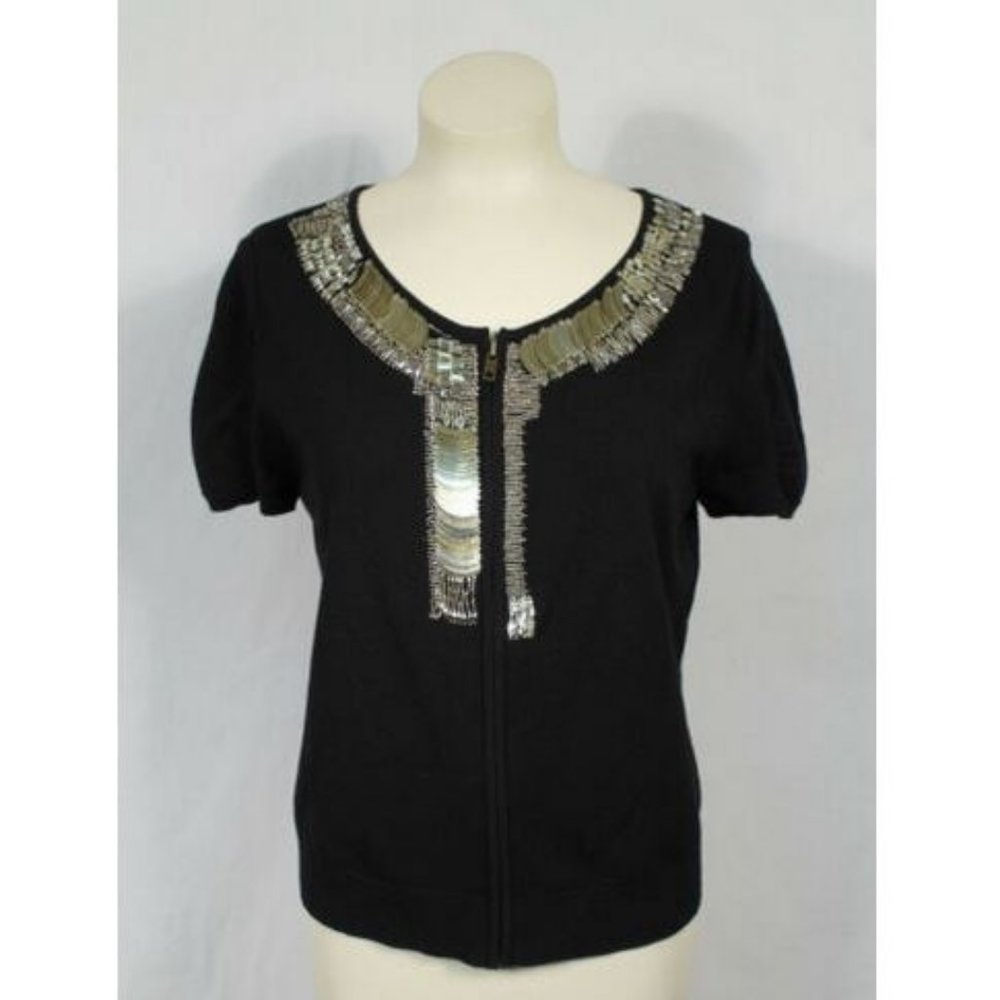 Joseph A. Short Sleeve Zip Up Sweater L Gold Trim